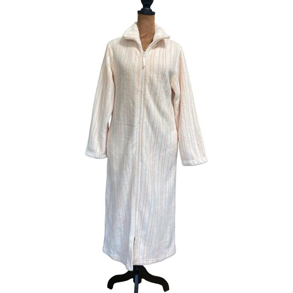 Casual Moments Vtg Women S Plush Fleece Zip Front Robe Long Peach Cream Striped